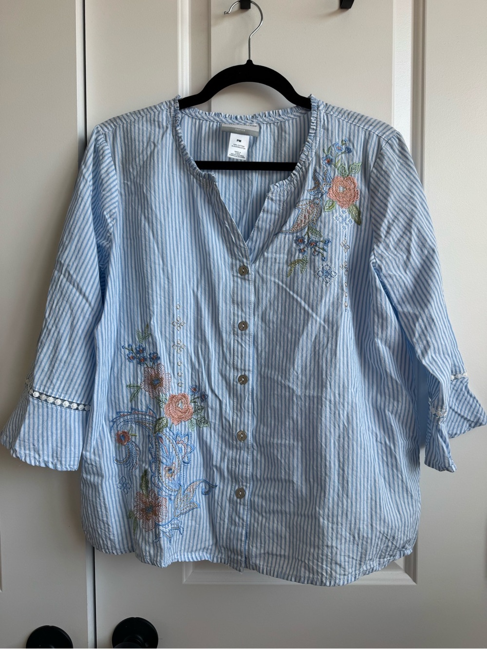 Alfred Dunner PM Blue Striped Floral Embroidered Cotton Blouse